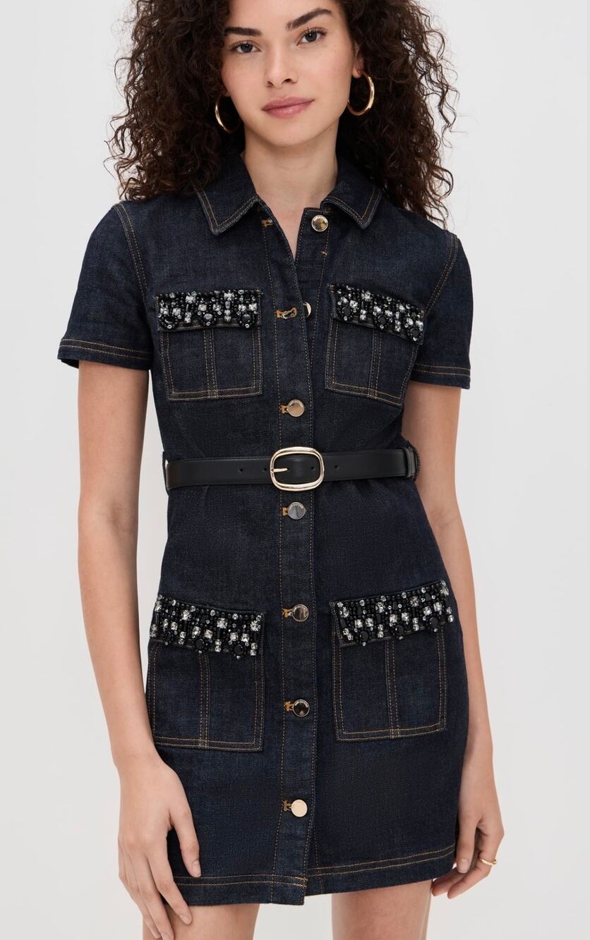 Self Portrait Indigo Denim Crystal Trim Mini Dress in Blue Denim US 4